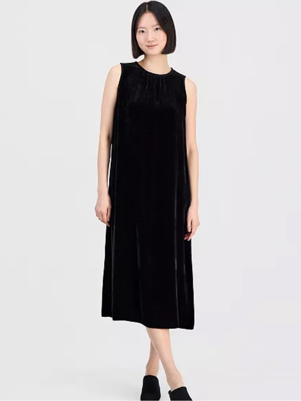 Eileen Fisher Black Velvet Round Neck Midi Dress Sz L Sleeveless Full Length NWT